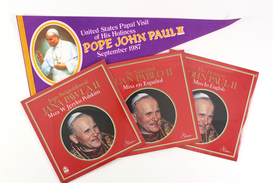 1979-87 Pope John Paul II Memorabilia Collection - Lot of 4 w/ 29" Full Size Pennant & Sealed Multilingual Mass LPs