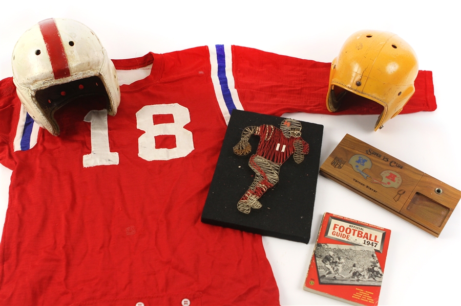 1940s-80s Football Memorabilia Collection - Lot of 6 w/ Bobby Layne Rawlings Helmet, Vernon Biever Super 15 Club Desk Piece, Red Durene Jersey & More