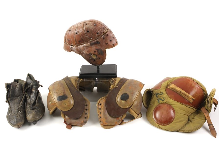 1920s-40s Game Worn Football Apparel w/ Leather Helmet, Shoulder Pads, Hip/Thigh Pads & High Top Cleats (MEARS LOA)