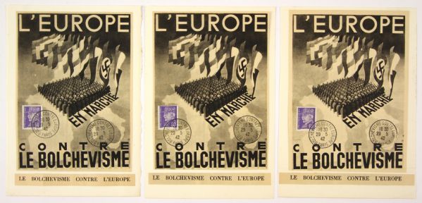 1942 French Volunteers Against Bolshevism Canceled Postage Stamps on Period Handbills (3)