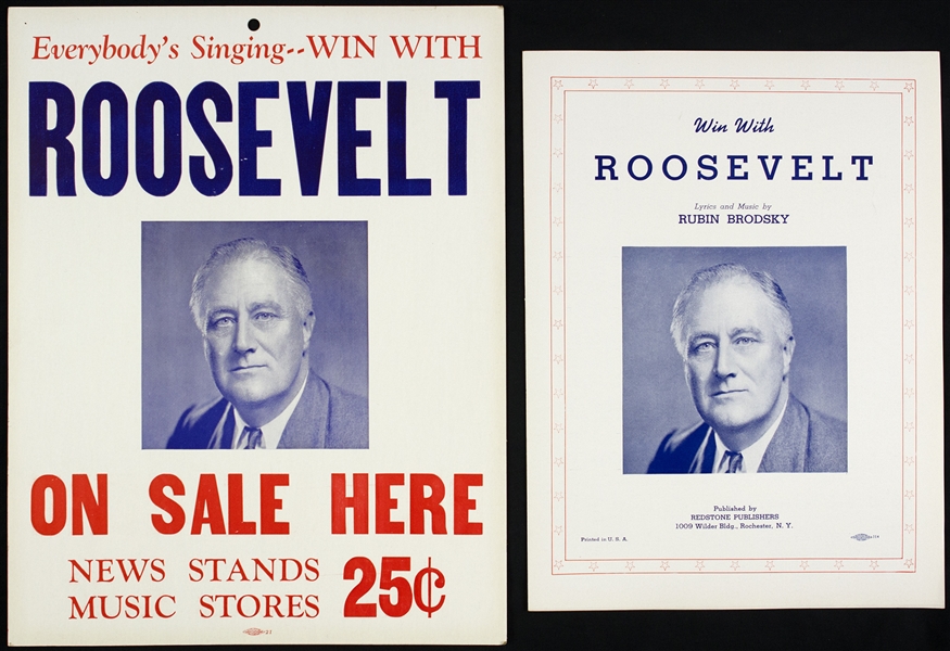 1940 Win With (Franklin Delano) Roosevelt Sheet Music & 11" x 14" Broadside - Lot of 2