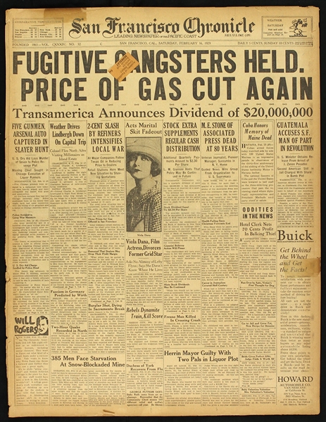 1929 (February 16) San Francisco Chronicle w/ Charles Lindbergh, German Fascism & More