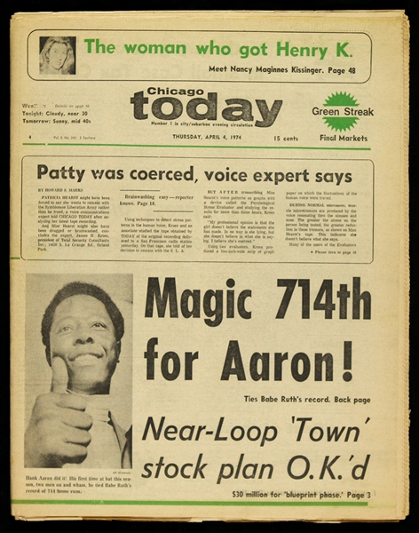 1974 (April 4) Hank Aaron Atlanta Braves 714th Career Home Run Chicago Today Newspaper