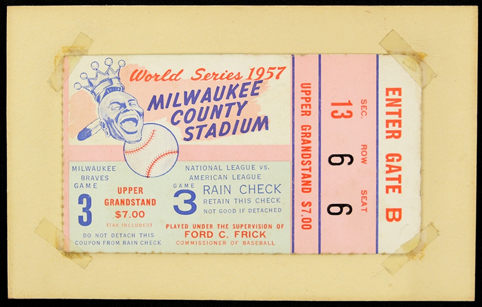 1957 Milwaukee Braves New York Yankees County Stadium World Series Game 3 Ticket Stub