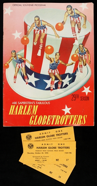 1955-70 Harlem Globetrotters Memorabilia - Lot of 4 w/ Program & Tickets 