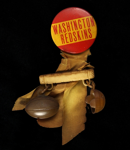 1930s Washington Redskins 1.75" Pinback Button w/ Original Ribbon & Charms