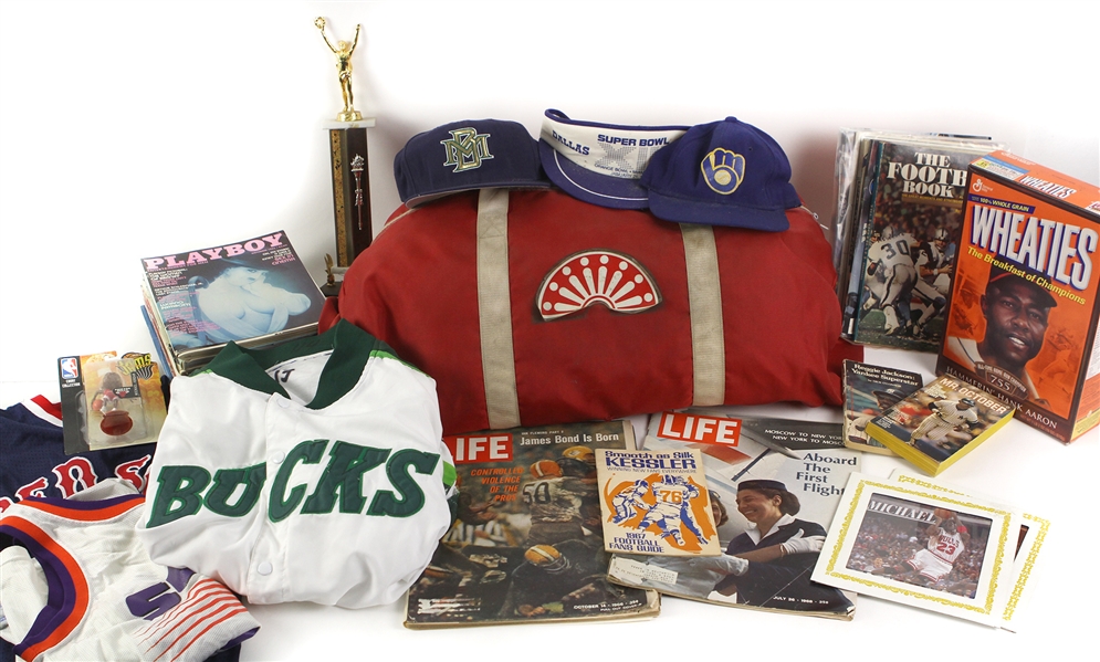 1970s-90s Baseball Football Basketball Americana Memorabilia Collection - Lot of 100+ w/ Publiacations, MLB Team Logo Peanut Bags, Apparel & More