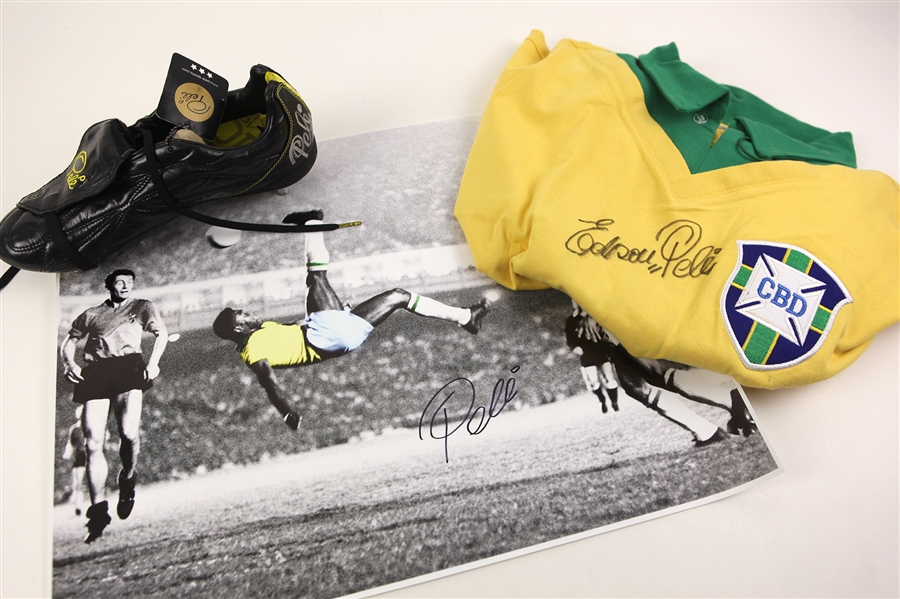 2000s Pele Brazil Soccer Signed Collection - Lot of 3 w/ Long Sleeve Jersey, Signature Cleat & 16" x 20" Bicycle Kick Photo (PSA/DNA) 