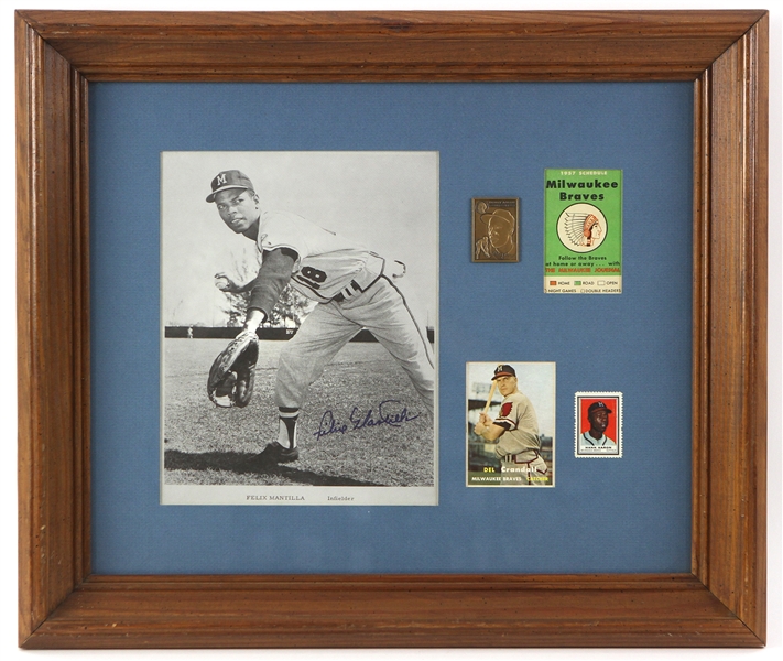 1957 Milwaukee Braves 17" x 21" Framed Display w/ Felix Mantilla Signed Photo, 1957 Pocket Schedule & More (JSA)