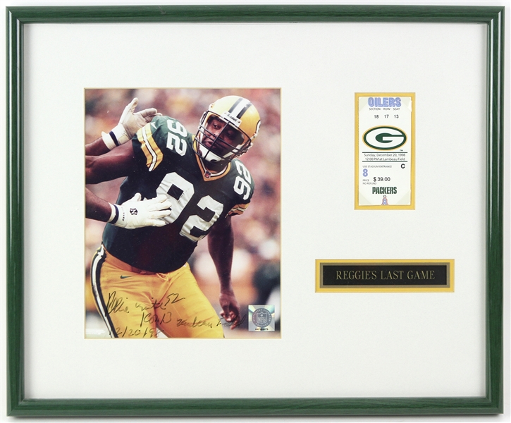 1998 Reggie White Green Bay Packers 16" x 20" Framed Reggies Last Game Display w/ Ticket Stub & Signed Photo (JSA)
