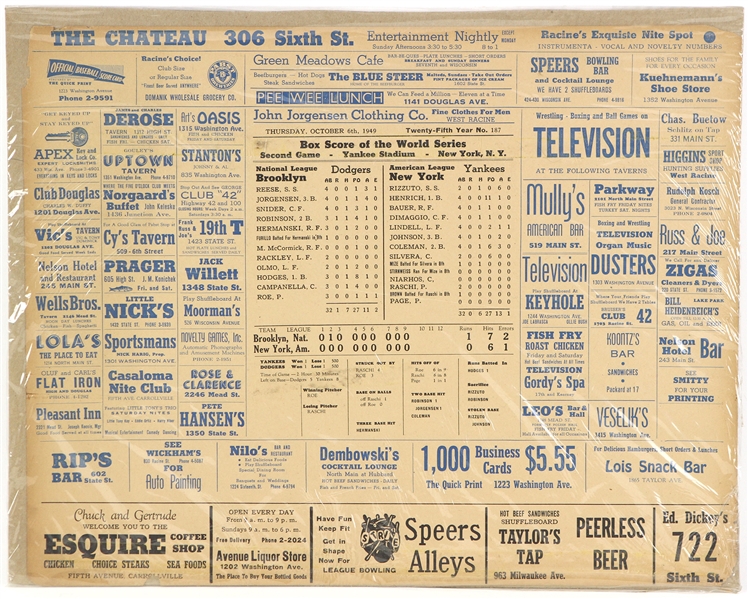 1949 New York Yankees Brooklyn Dodgers World Series Game 2 Box Score Printed on 15" x 19" Chateau Placemat
