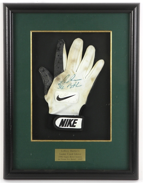 1996 LeRoy Butler Green Bay Packers Signed 14" x 18" Framed Game Worn Nike Glove (MEARS LOA/JSA) Super Bowl XXXI Champions Season