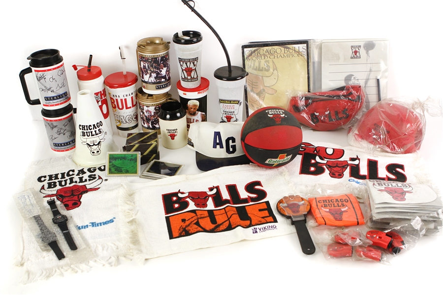 1990s Chicago Bulls Memorabilia Collection - Lot of 60 w/ Stadium Mugs/Cups, Mini Basketballs, Watches, Towels, Megaphones & More