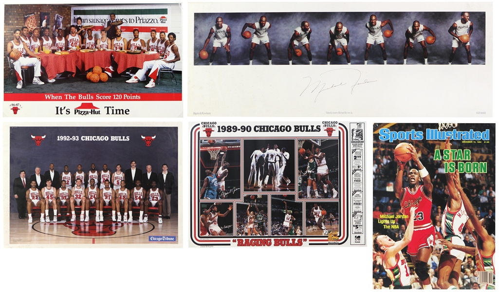 1980s-90s Michael Jordan Chicago Bulls Poster Collection - Lot of 5 w/ December 10 1984 Sports Illustrated Cover Blow Up, 1986-87 Pizza Hut, 1992-93 Three Peat Team & More