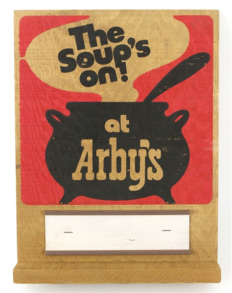 1980s-90s Arbys "The Soups On At Arbys" 11" x 14" Wooden Display Sign