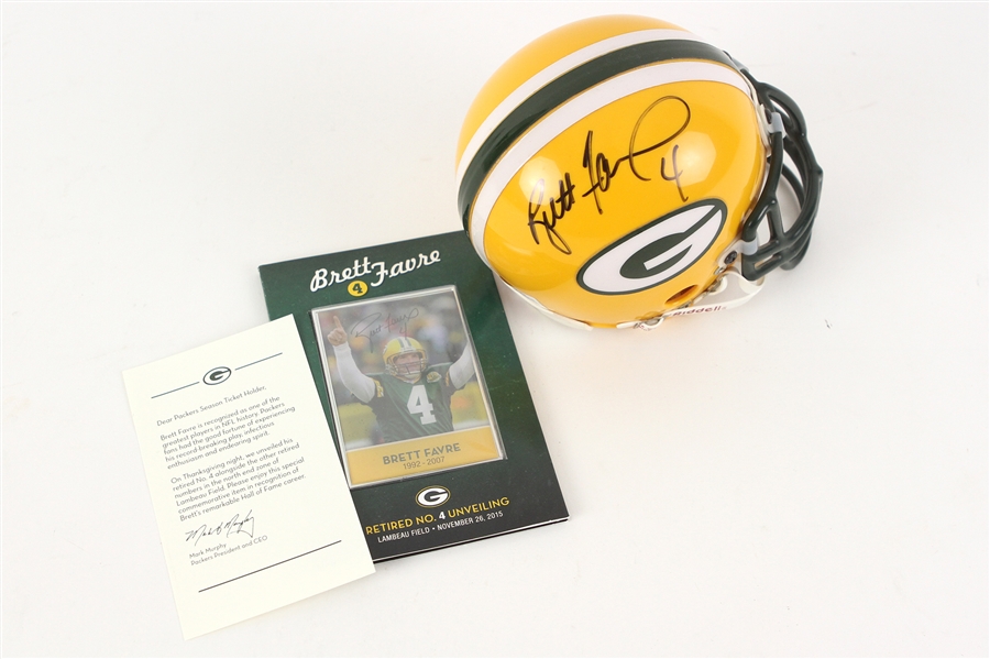 2000s Brett Favre Green Bay Packers Signed Mini Helmet + Season Seat Holder Commemorative Number Retirement Card - Lot of 2 (JSA)