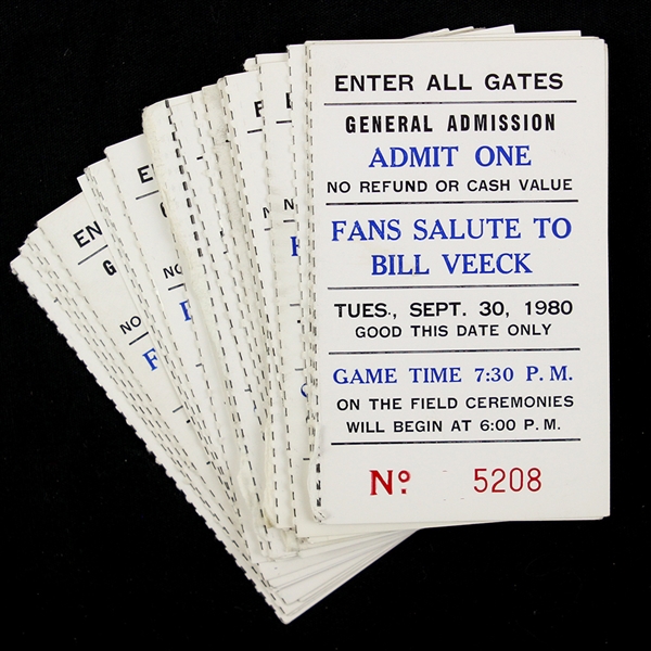 1980 (September 30) Fans Salute to Bill Veeck at Comiskey Park Chicago Whte Sox Ticket Stubs - Lot of 32