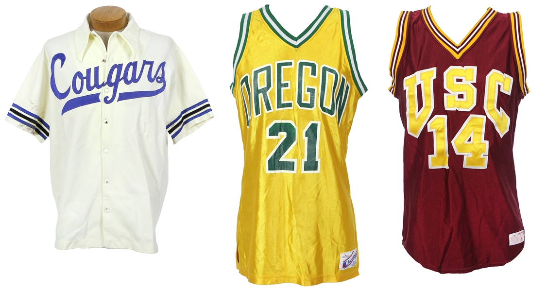 1979-90 Game Worn College Basketball Apparel Collection - Lot of 3 w/ Greg Kite BYU Warmup, Kyle Kazan USC Jersey & Keith Reynolds Oregon Jersey (MEARS LOA)