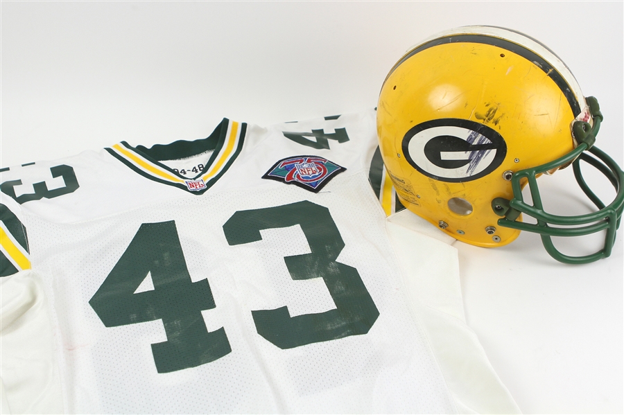 1985-94 Green Bay Packers Game Worn Apparel - Lot of 2 w/ Brian Noble Helmet & Jeff Thomason Jersey (MEARS LOA)