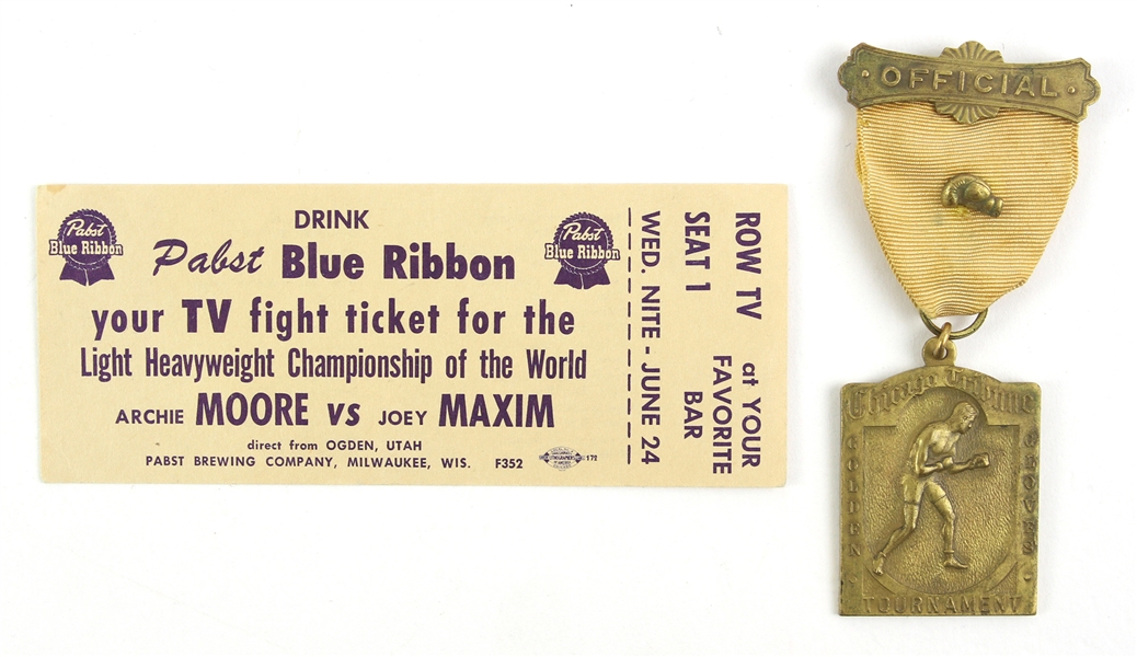 1952 Archie Moore Joey Maxim Boxing Ticket & 1950s Chicago Tribute Golden Glove Tournament Medal
