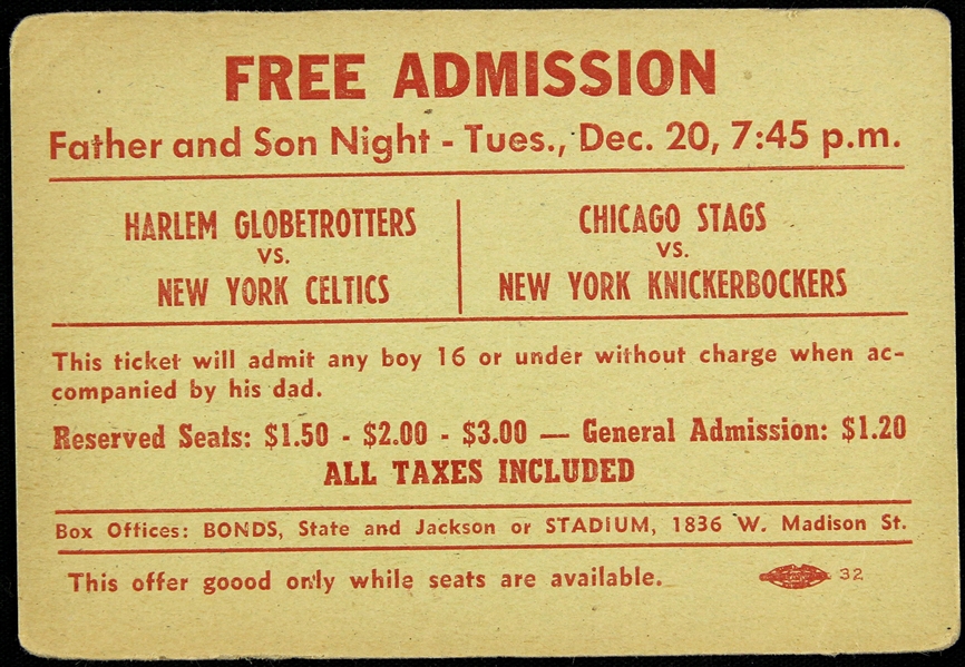 1949 (December 20th) Harlem Globetrotters vs. Boston Celtics & Chicago Stags vs. New York Knickerbockers Free Admission 3”x4” pass