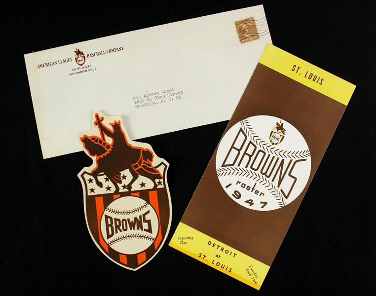 1947 circa  St. Louis Browns Spring Training / Opening Day Pamphlet, Original Envelope, and Decal