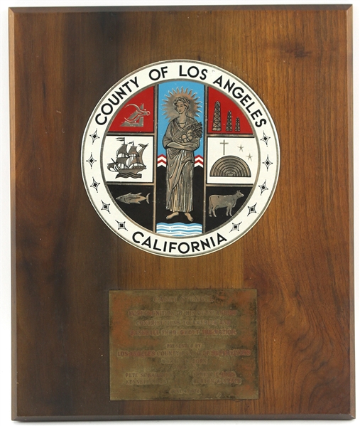 1972 County of Los Angeles 14" x 17" Recognition Plaque Presented to Casey Stengel (MEARS LOA/Family Letter)
