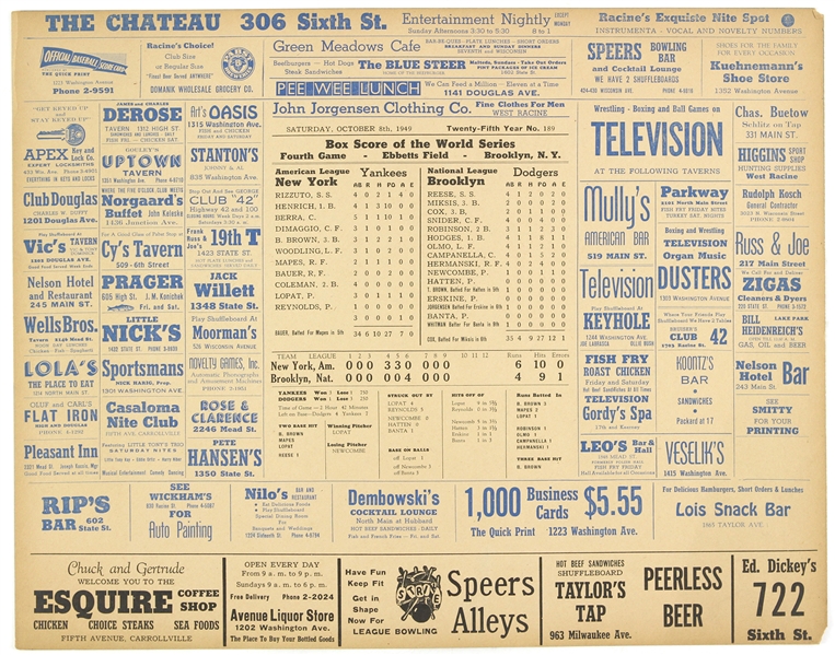 1949 New York Yankees Brooklyn Dodgers World Series Game 4 Box Score Printed on 15" x 19" Chateau Placemat