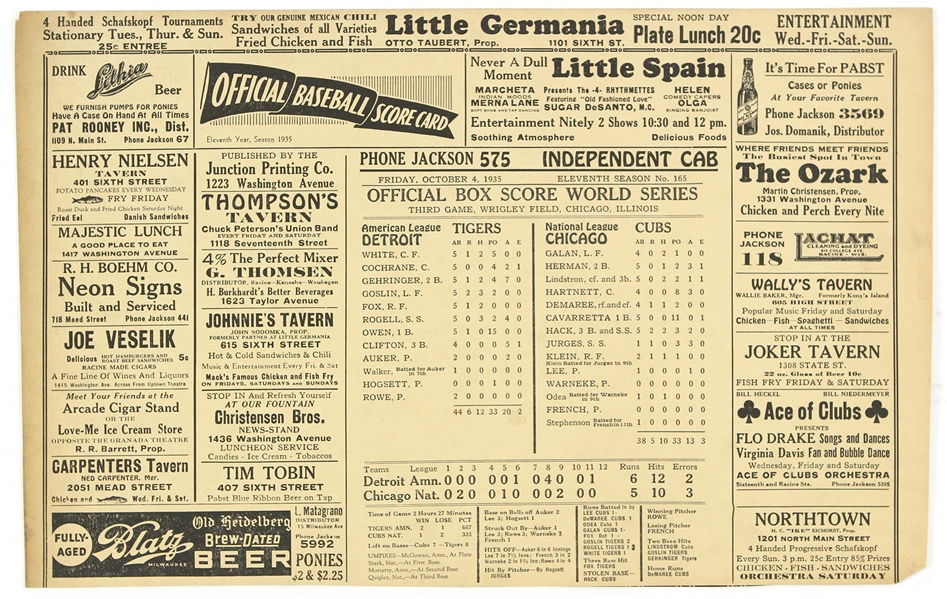 1935 Detroit Tigers Chicago Cubs World Series Game 3 Box Score Printed on 11" x 18" Little Germania Tavern Scorecard