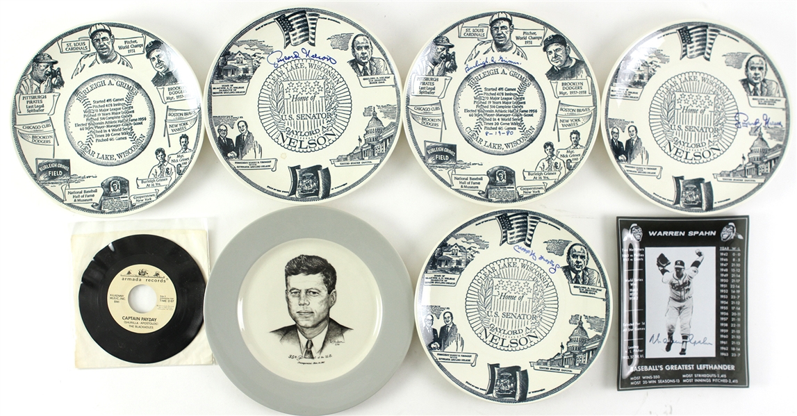 1960s-70s Baseball Politics Commemorative Plate Collection - Lot of 8 w/ Warren Spahn Signed, Burleigh Grimes Signed, Gaylord Nelson Signed & More (JSA)