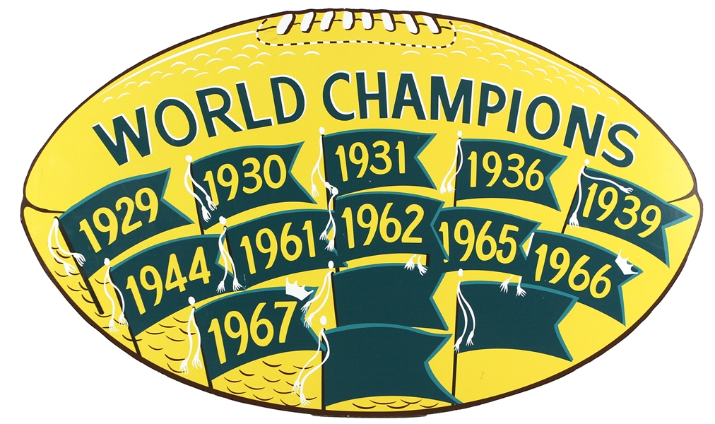 1970s Green Bay Packers World Champions 19" x 32" Football Shaped Sign