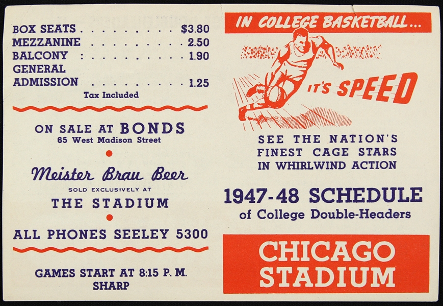 1947-1948 Chicago Stadium College Double Headers 4”x5” Schedule
