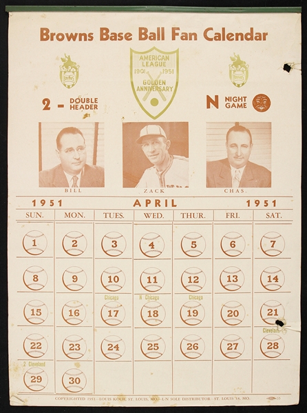 1951 St. Louis Browns Baseball Fan 9”x13” Calendar