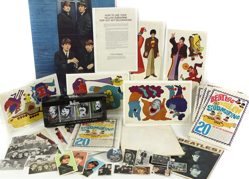 1960s-2000s Beatles Memorabilia Collection - Lot of 38 w/ Poster, Record Albums, Yellow Submarine Pop Out Art Decoration Books & More