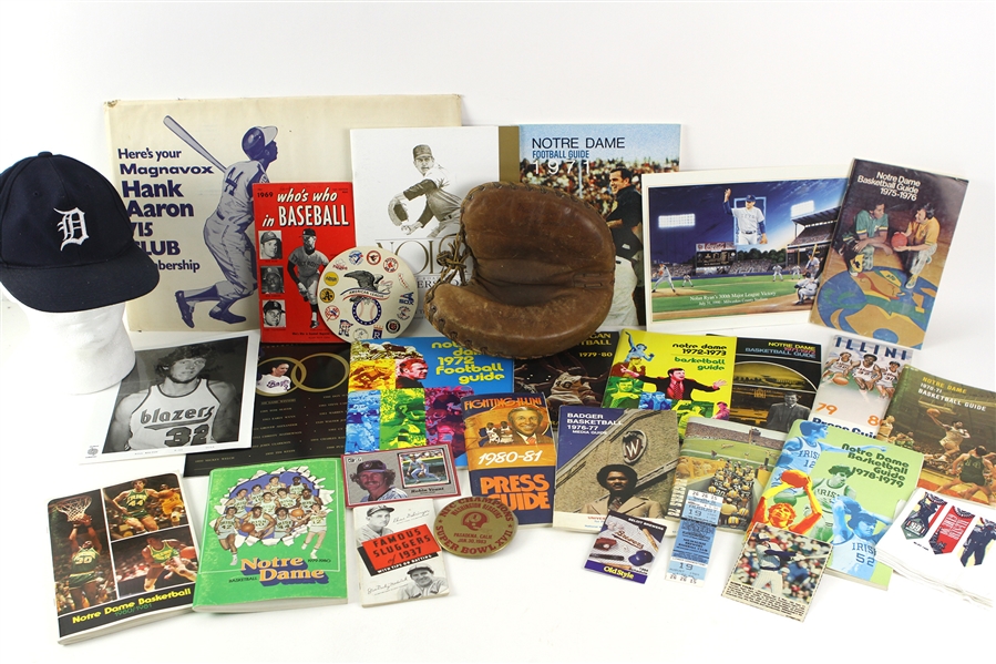 1930s-90s Baseball Basketball Football Memorabilia Collection - Lot of 34 w/ Media Guides, Nolan Ryan, Notre Dame, Hank Aaron 715 Club Membership Kit & More