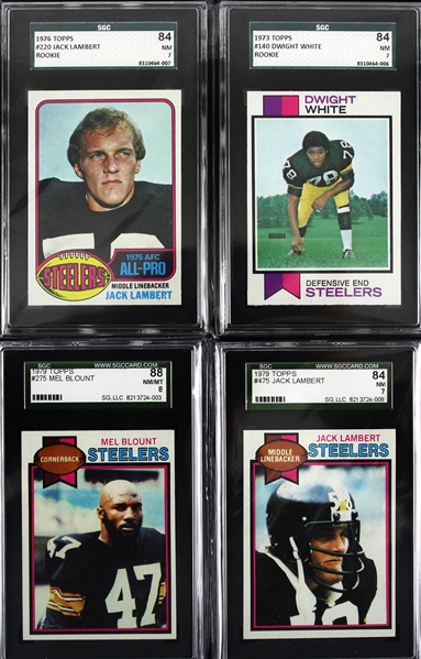 1973-79 Pittsburgh Steelers SGC Slabbed Football Trading Cards - Lot of 4 w/ 1976 Jack Lambert Rookie (84 NM 7), 1973 Dwight White Rookie (84 NM 7) & More