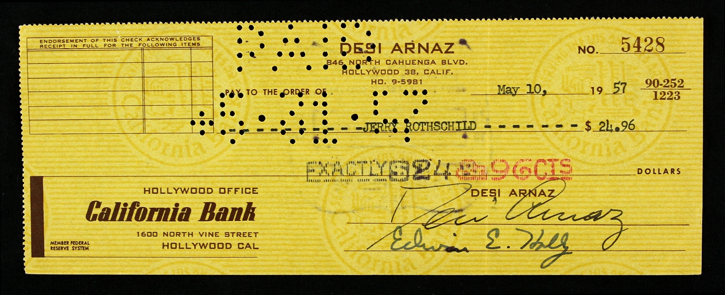1957 Desi Arnaz I Love Lucy Signed Personal Check (JSA)