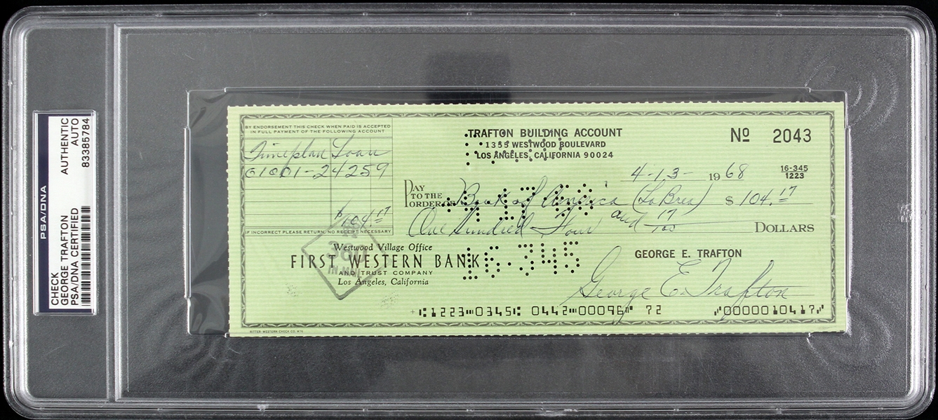 1968 George Trafton Chicago Bears Signed Check (PSA/DNA Slabbed)