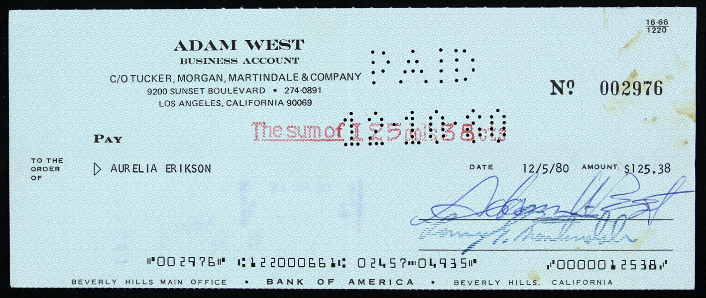 1980 Adam West Batman Signed Check (JSA)