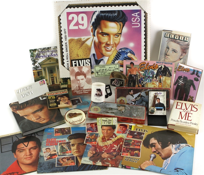 1950s-90s Elvis Presley King of Rock N Roll Memorabilia Collection - Lot of 35 w/ Books, Record Albums, Laminated Personal Check & More