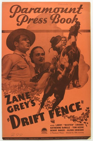 1936 Zane Greys Drift Fence 11" x 17" Paramount Press Book