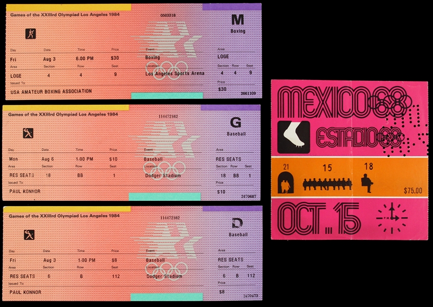 1984 Olympic Baseball Full Tickets (3) & 1968 Olympic Boxing Mexico Ticket Stub (4 total)