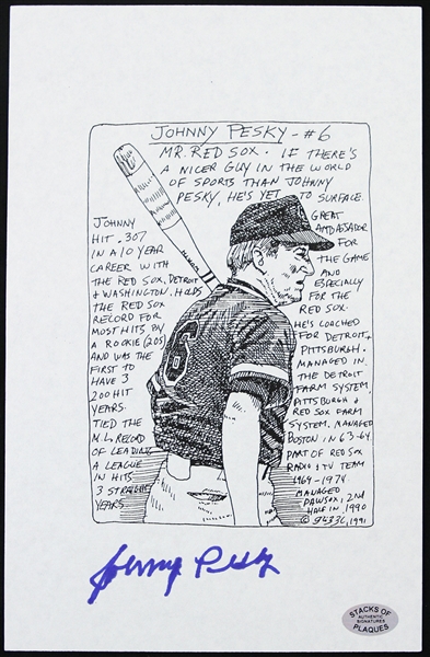 Rare Johnny Peskey Signed 6x8 Ink Sketch Lithograph Print, Boston Red Sox (JSA)