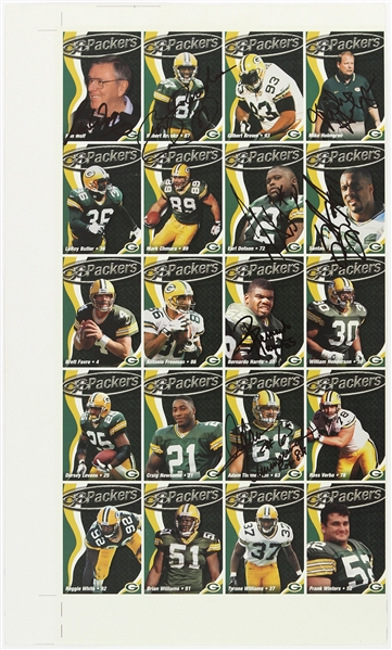 1998 Green Bay Packers 11.5" x 20" Uncut Police Trading Card Sheet w/ 20 Cards, 7 Signed Including Ron Wolf, Mike Holmgren & More (JSA)
