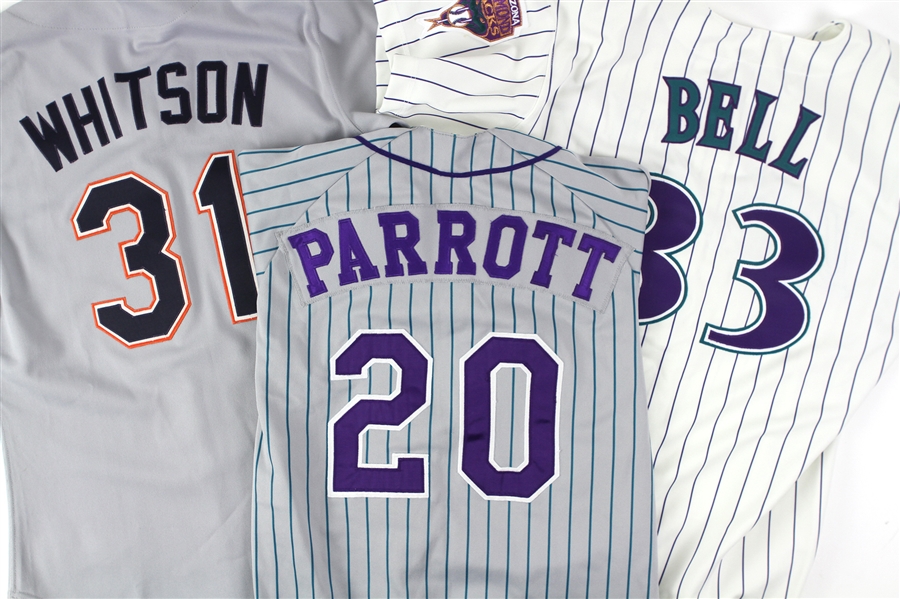 1991-99 Major/Minor League Game Worn Jersey Collection - Lot of 3 w/ Ed Whitson Padres, Jay Bell Diamondbacks & Mike Parrot Charlotte Knights (MEARS LOA)