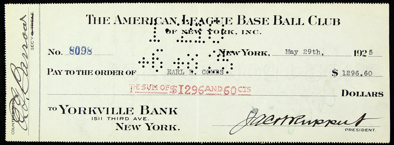 1925 Earle Combs Jacob Ruppert Ed Barrow New York Yankees Signed Payroll Check (JSA)