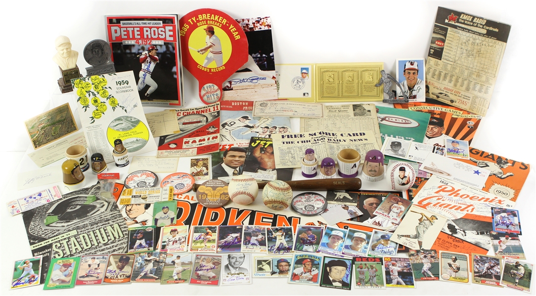 1940s-90s Baseball Memorabilia Collection - Lot of 100+ w/ San Francsico Seals PCL H&B Louisville Slugger Mini Bat, Signed Trading Cards & Photos, Programs, Publications & More