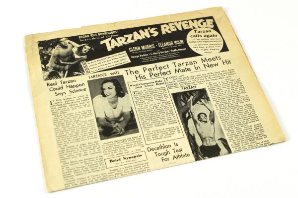 1938 Tarzan’s Revenge Starring Glenn Morris 12”x19” folded newspaper style dealer promotional materials magazine