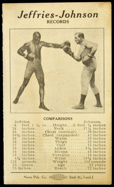 1910 James Jeffries Jack Johnson World Heavyweight Championship Title Bout Tale of the Tape/Fight Record Booklet