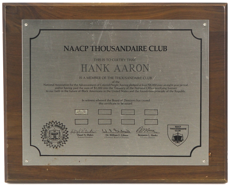 1980s Hank Aaron NAACP Thousandaire Club Award Plaque
